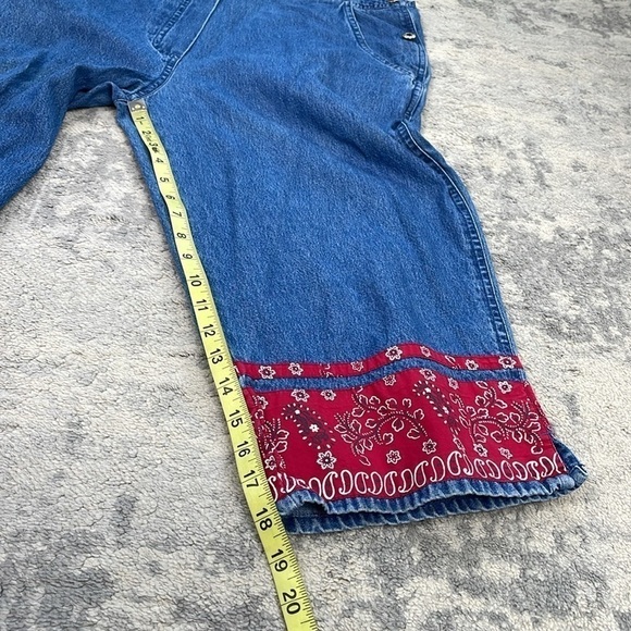 Vintage Agapo Cropped Denim Overalls Red Paisley Bandana Trim Ranch Western Sz M - Picture 6 of 9